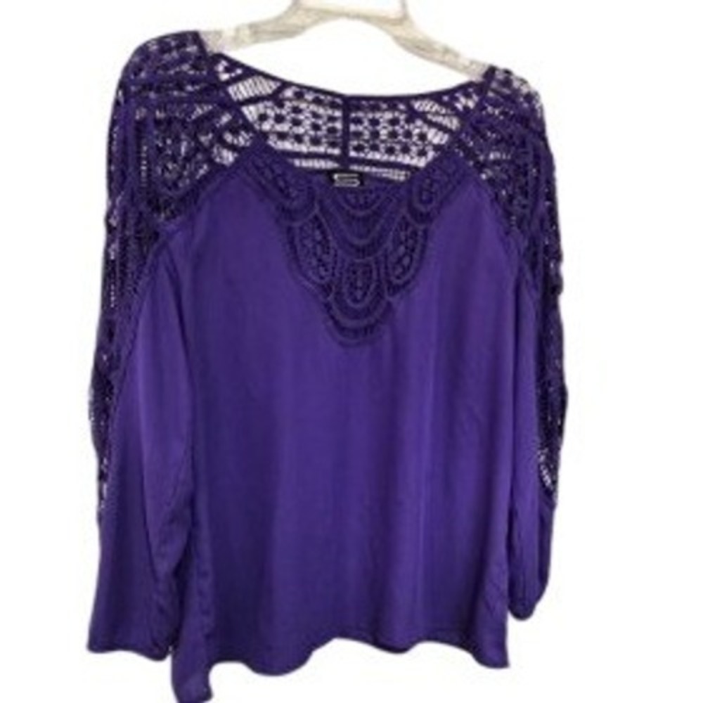 Sioni Purple Crochet Lace V-Neck Blouse Long Sleeve Boho Top Womens Large